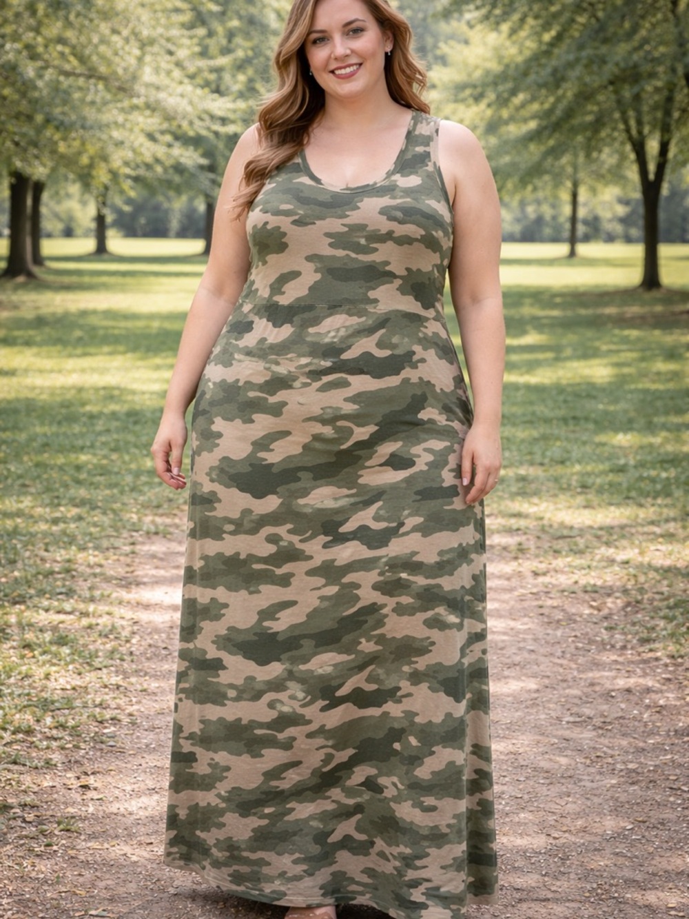 Susina Plus Size Camo Tank Maxi Dress - Olive & Tan